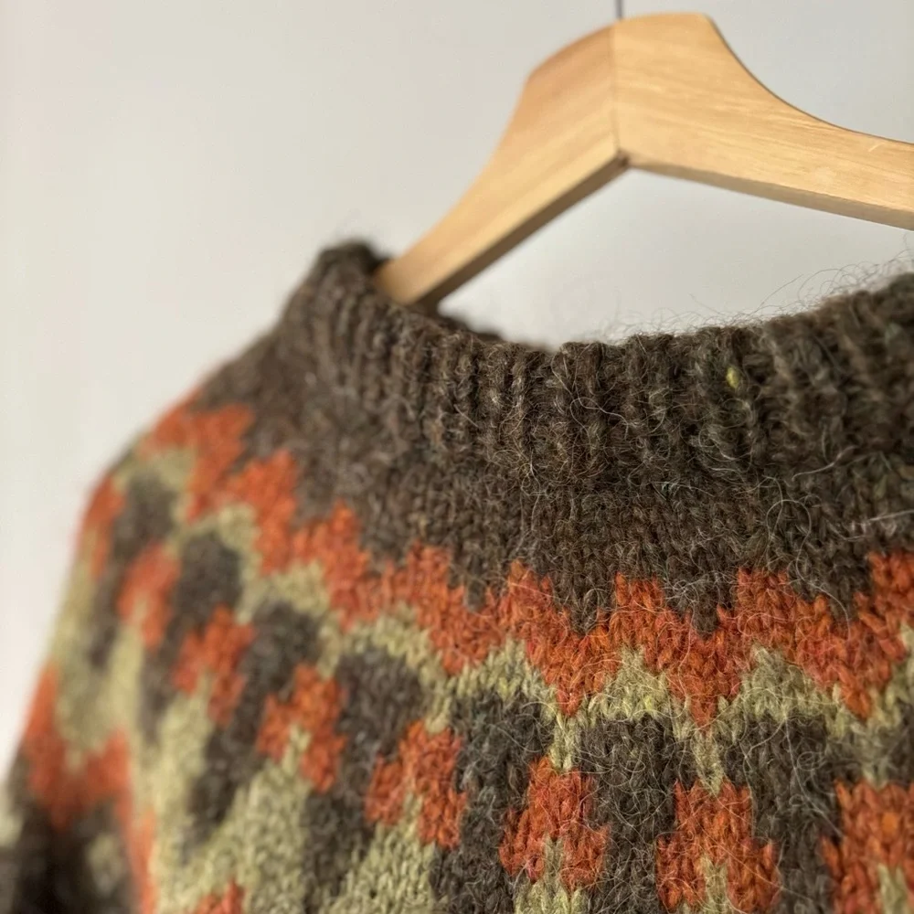 Vintage Handknit in Iceland Wool Fair isle Sweater | Brown & Green Crewneck Knit - Picture 3 of 7